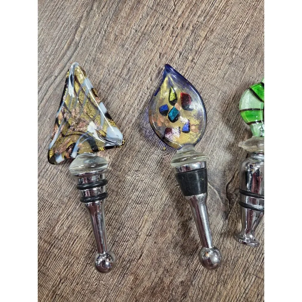 Hand- Blow Glass Art Colored Wine Bottle Stoppers Silver Metal Lot of 5